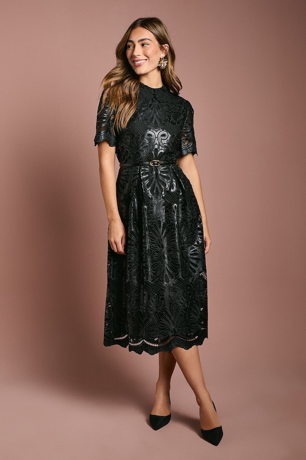 Coast PU Lace Midi Dress With Belt Black