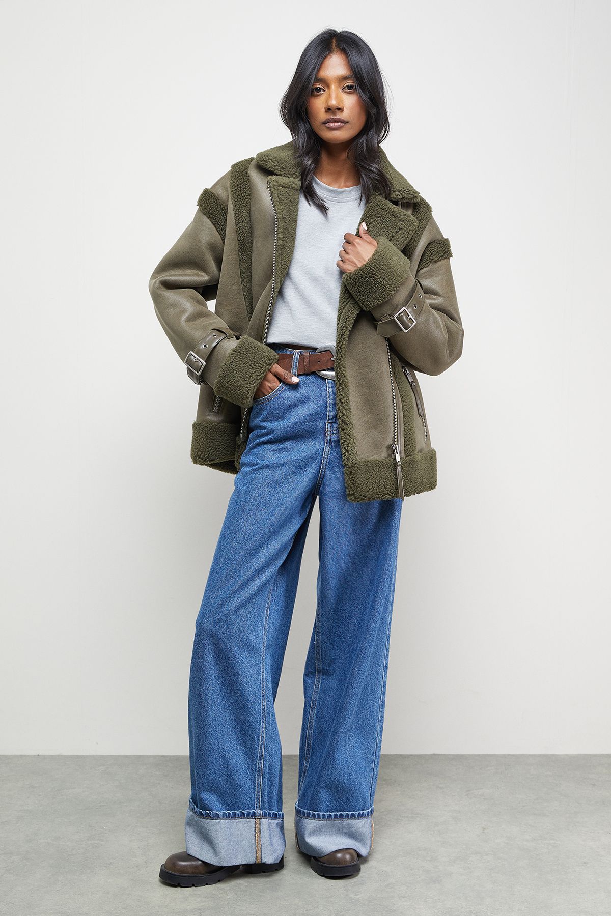 Warehouse Wool Lined Shearling Biker Jacket Khaki image 2