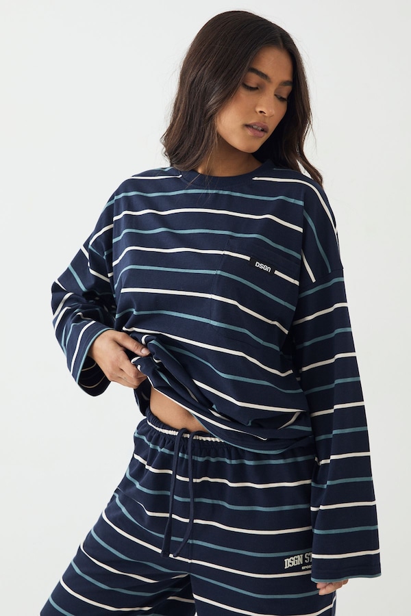 DSGN Studio DSGN Studio Stripe Oversized Long Sleeve T-Shirt Navy
