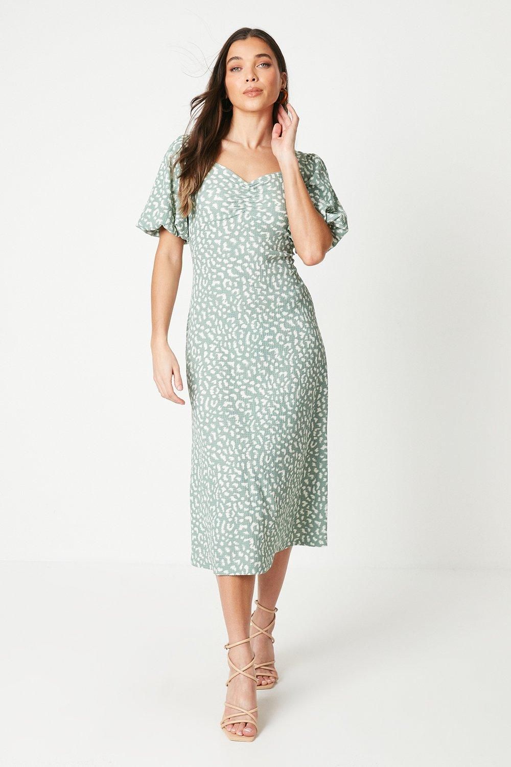 Dorothy Perkins Petite Green Animal Ruched Front Puff Sleeve Jersey Midi Dress Green