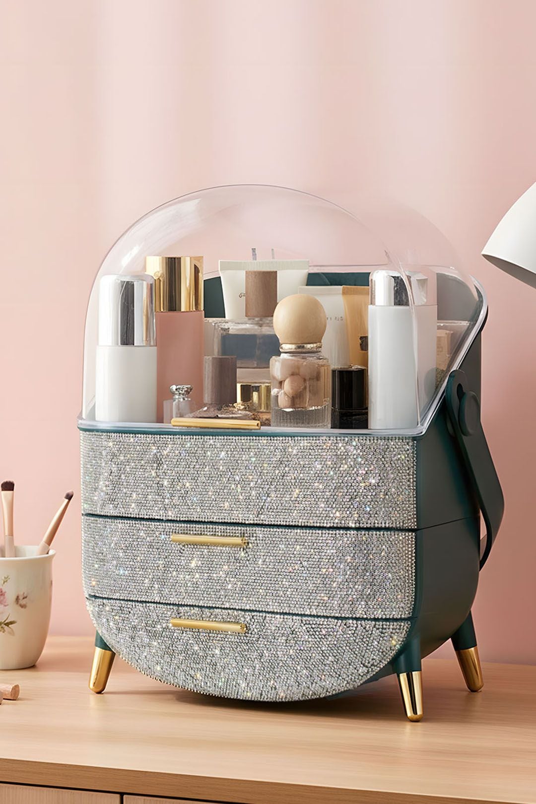 SHEONLY Countertop Portable Oval Makeup Storage Box with Transparent Cover image 4