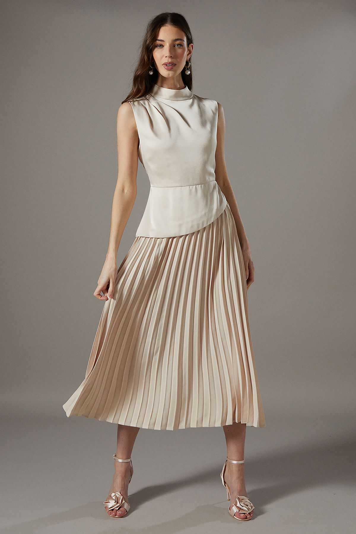 Coast Drape High Neck Pleated Skirt Midi Dress Oyster image 1