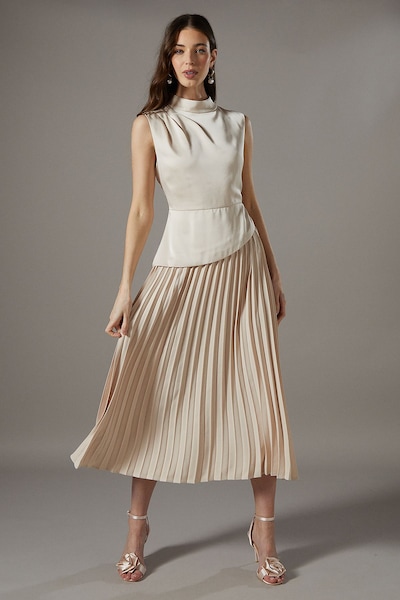 Coast Drape High Neck Pleated Skirt Midi Dress Oyster