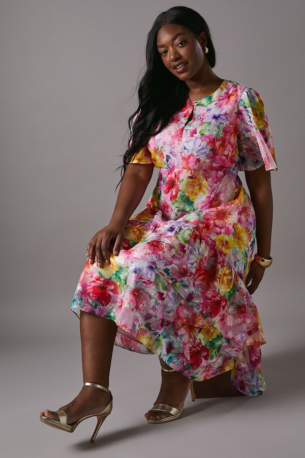 Coast Plus Hydrangea Print Tiered Midi Dress Pink