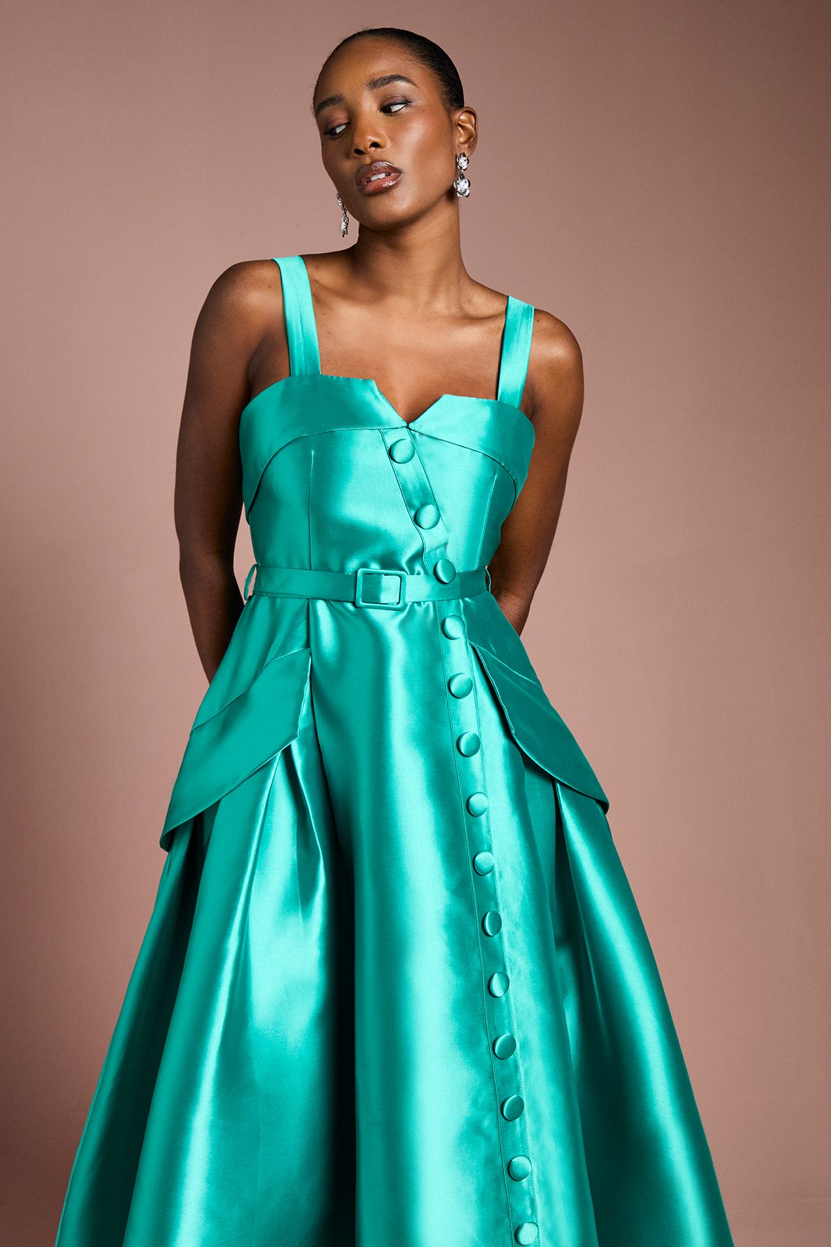 Coast Twill Volume Belted Midi Dress Teal image 2