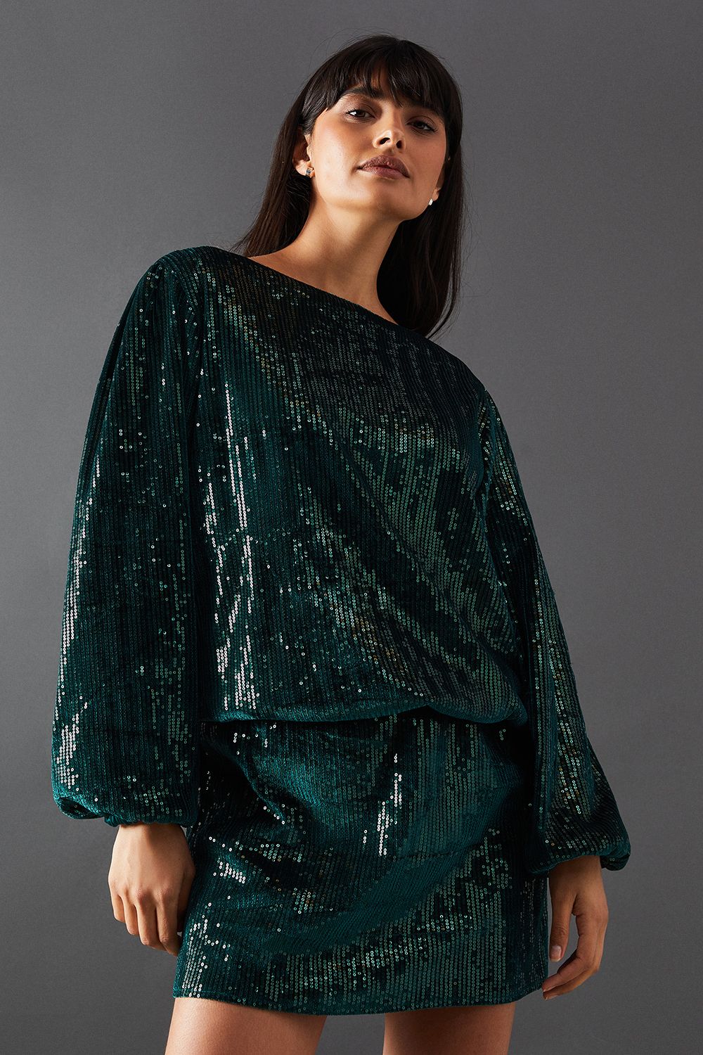 Warehouse Velvet Sequin Blouson Long Sleeve Mini Dress Green
