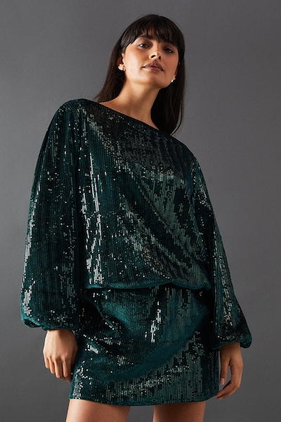 Warehouse Velvet Sequin Blouson Long Sleeve Mini Dress Green