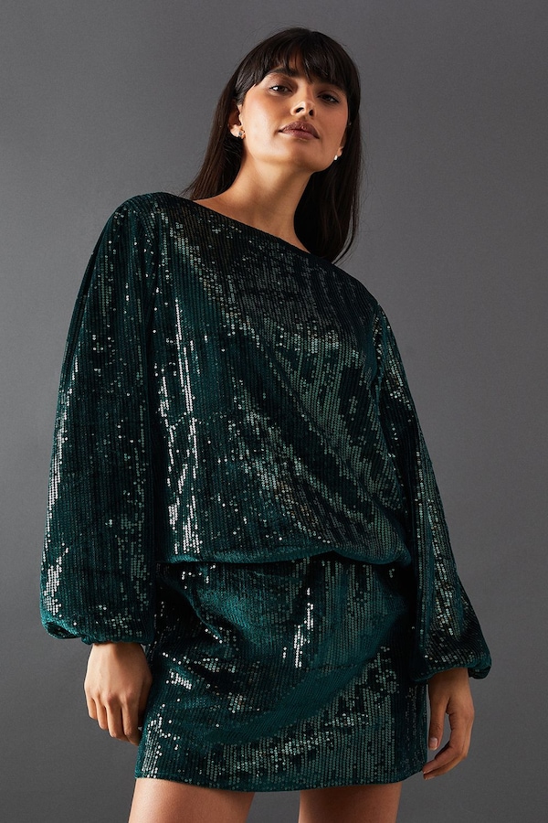 Warehouse Velvet Sequin Blouson Long Sleeve Mini Dress Green
