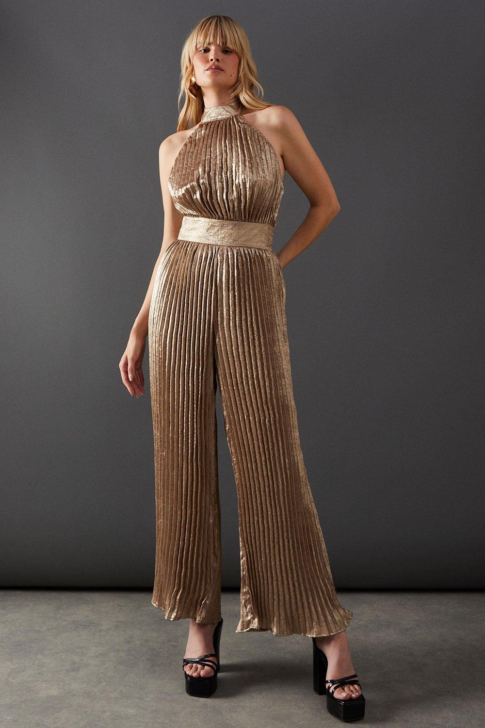 Warehouse Lame Metallic High Neck Pleated Jumpsuit Gold image 1