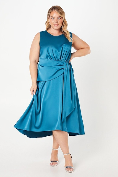 Coast Plus Satin Tie Waist Detail Midi Wedding Guest Dress Teal