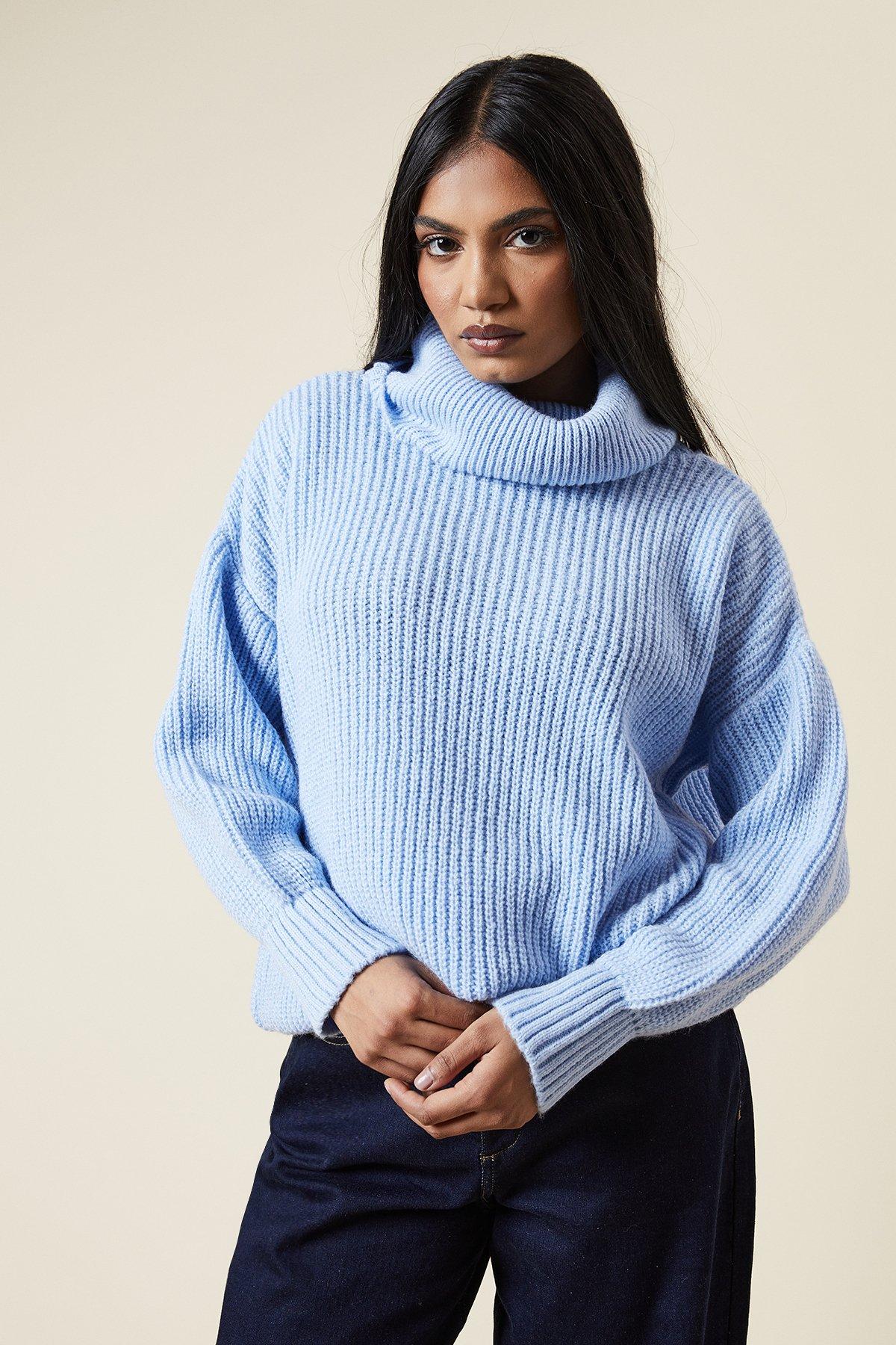 Dorothy Perkins Petite Longline Roll Neck Chunky Jumper Blue image 1