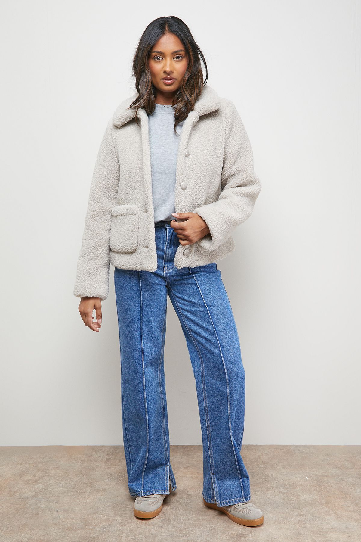 Oasis Teddy Shearling Button Through Short Jacket Stone image 2