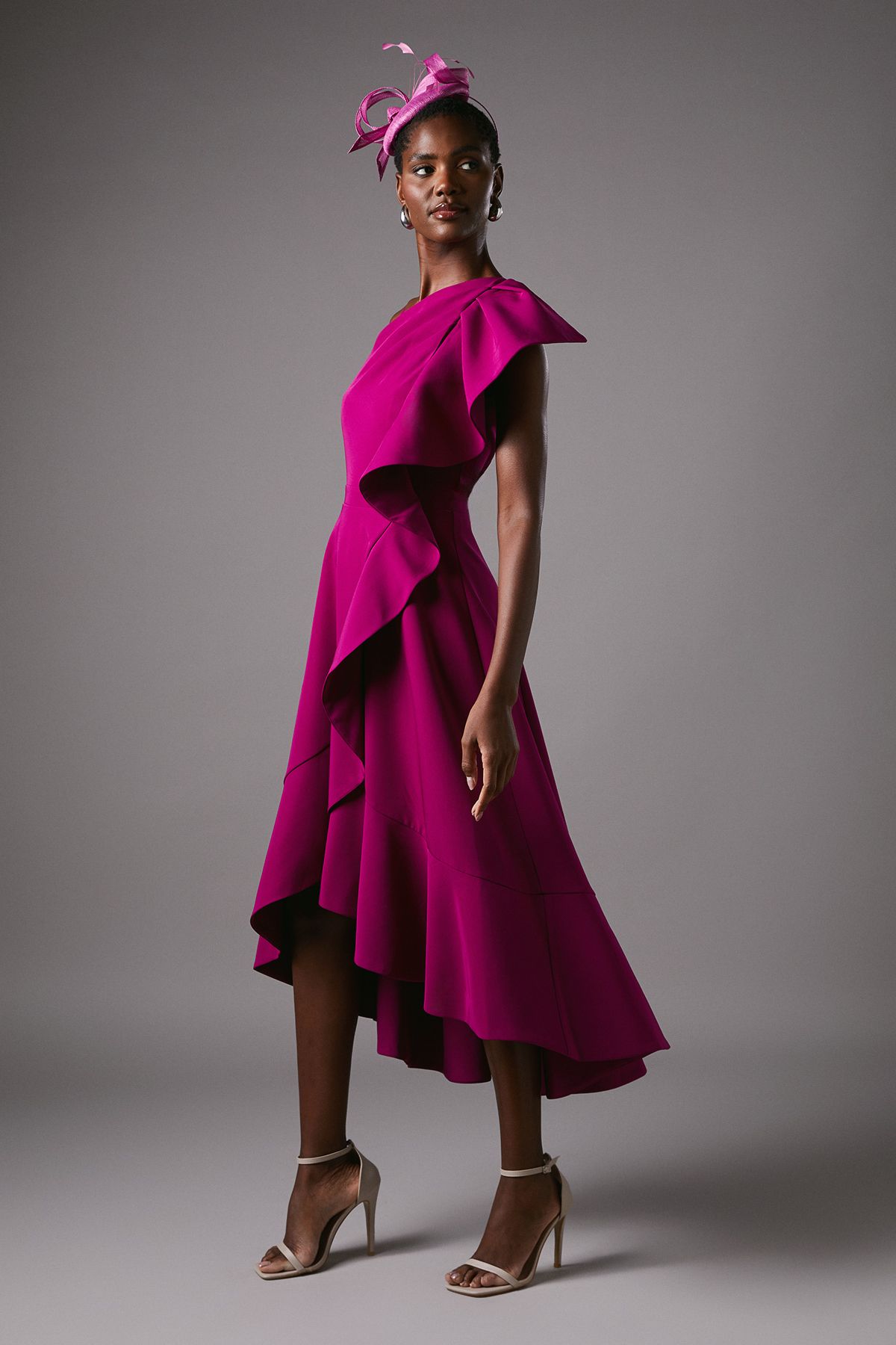 Coast One Shoulder Crepe Ruffle Midi Dress Berry image 1