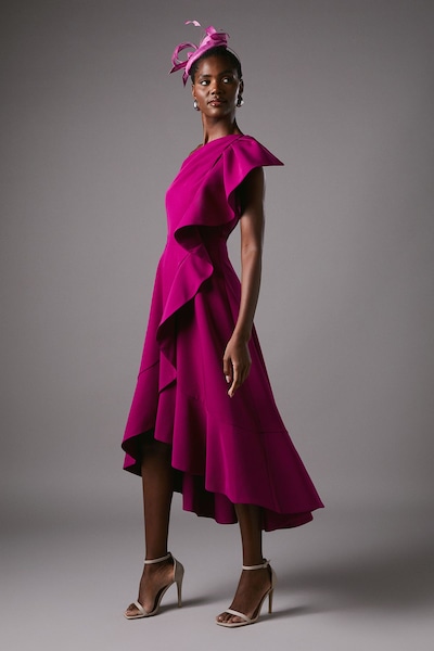 Coast One Shoulder Crepe Ruffle Midi Dress Berry