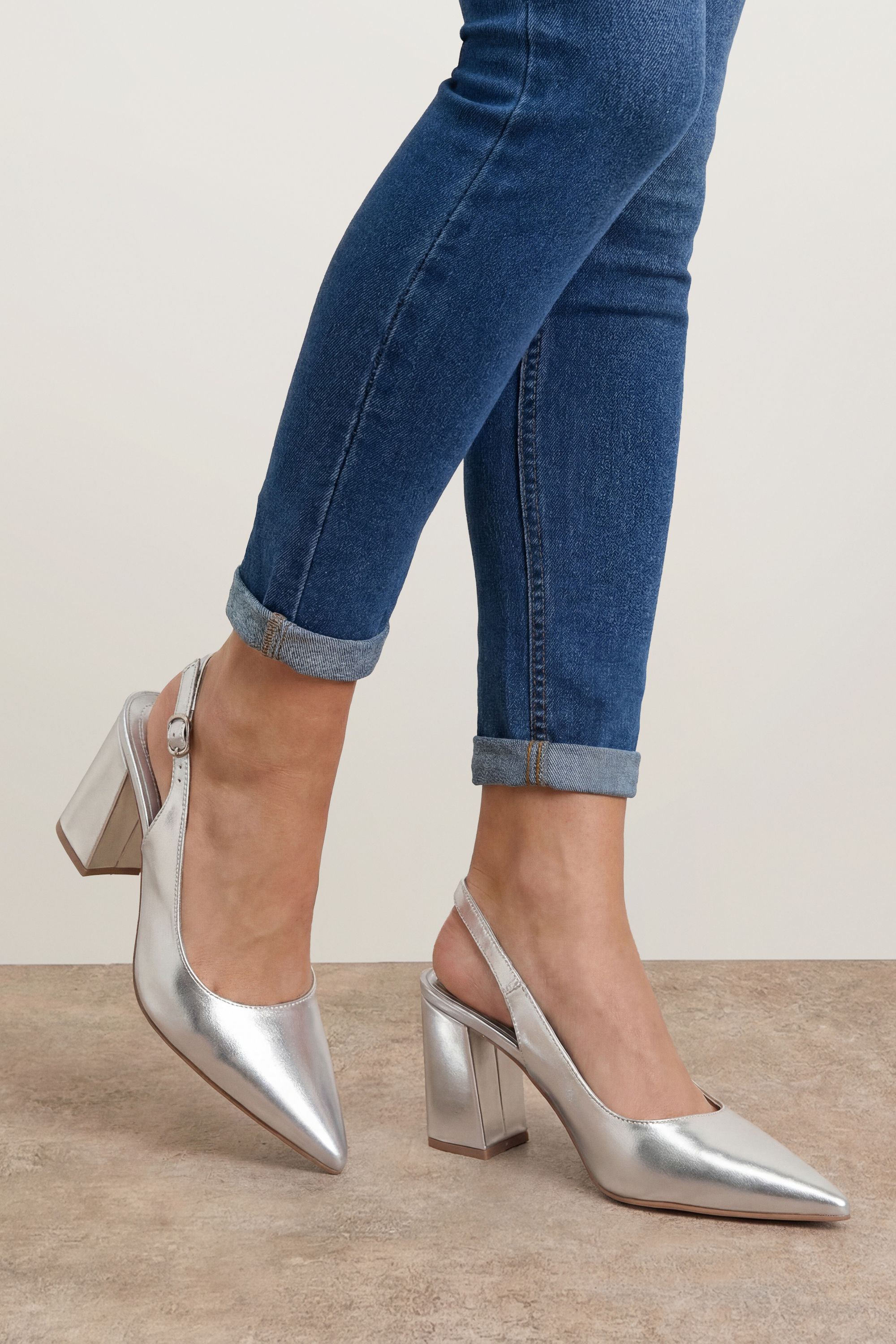 Oasis Nicola Faux Metallic Leather Slingback Pointed Court Shoes Silver