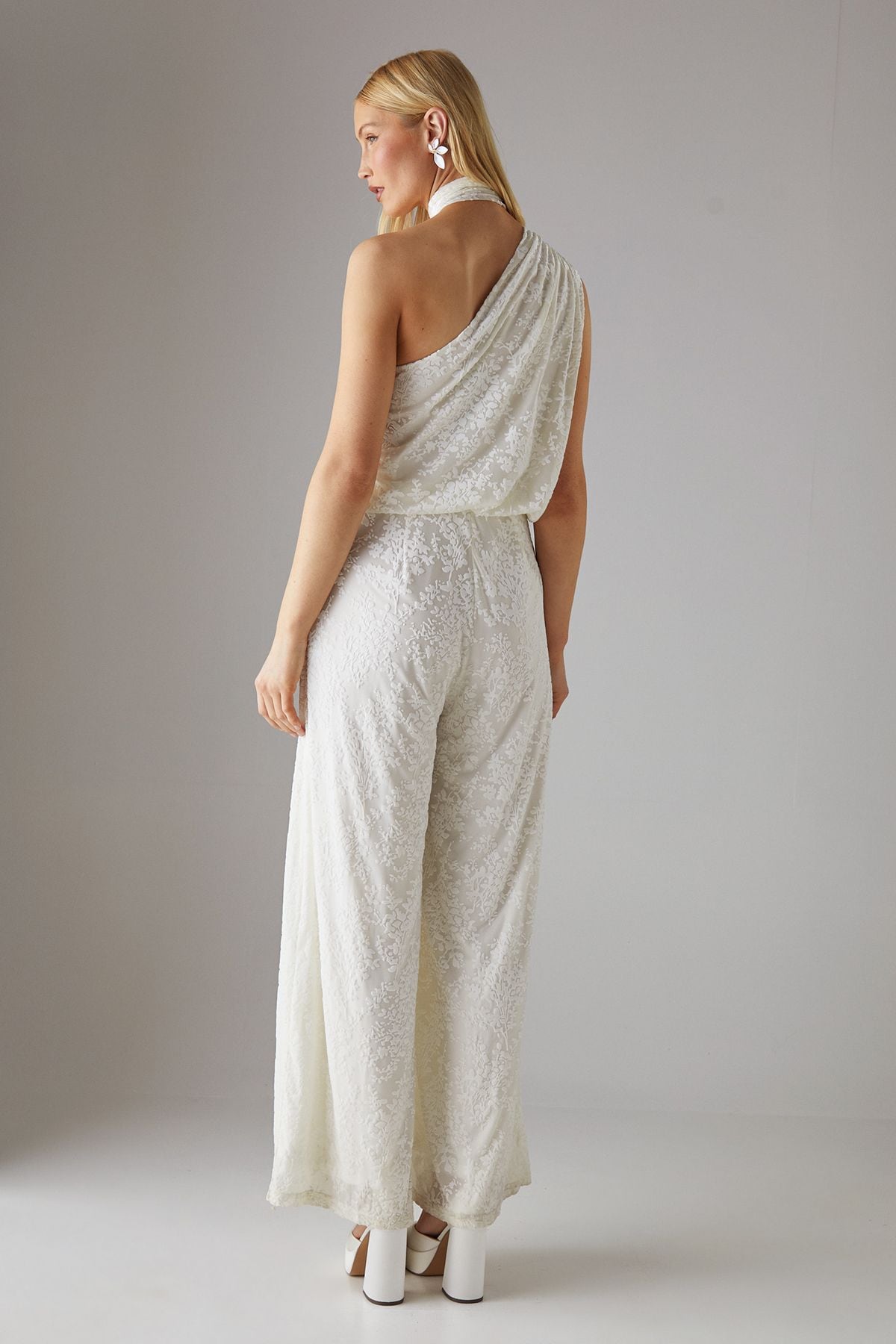 Warehouse Hen Devore One Shoulder Scarf Neck Jumpsuit Ivory image 3