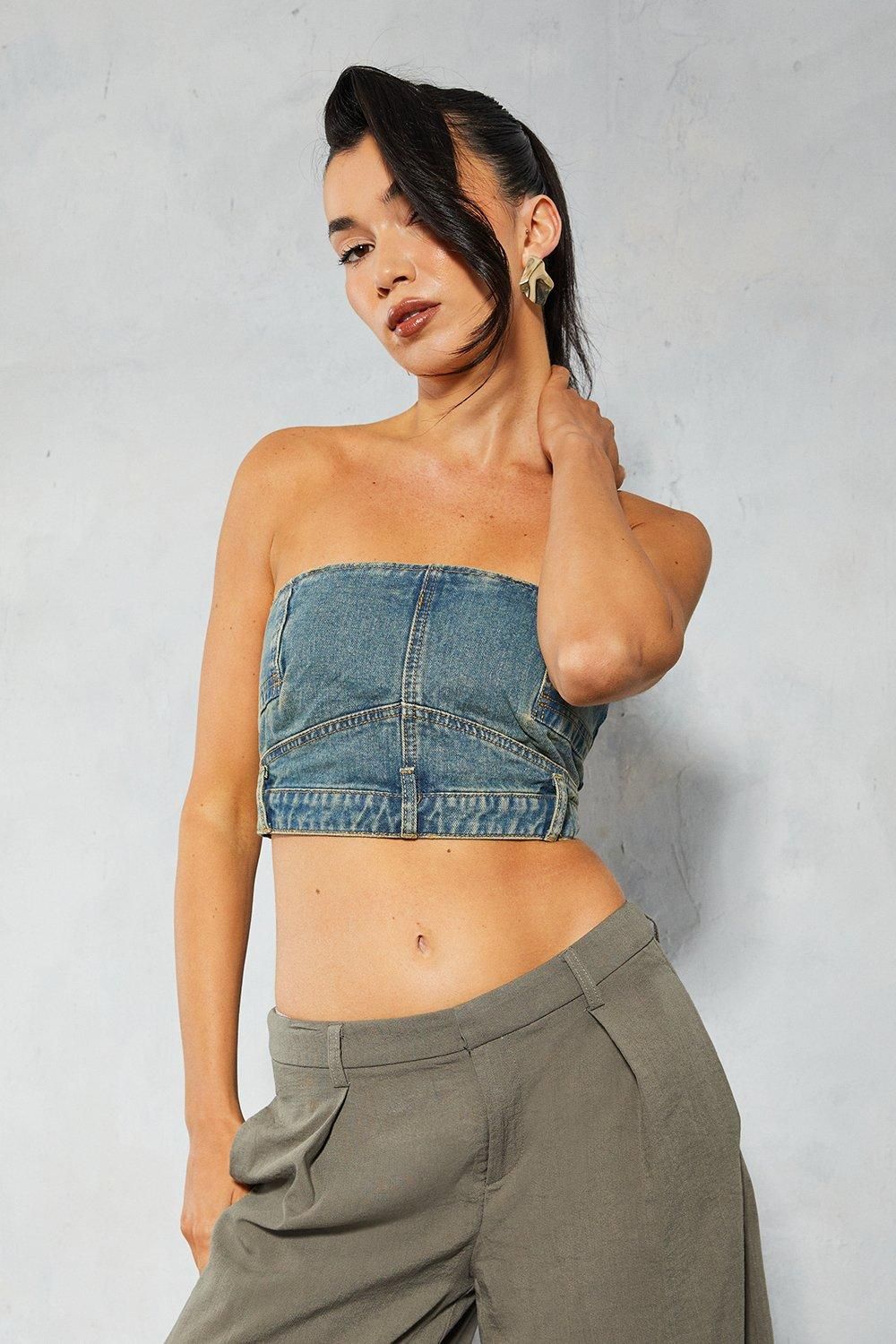 MissPap Denim Sand Blast Bandeau Crop Top Vintage Wash