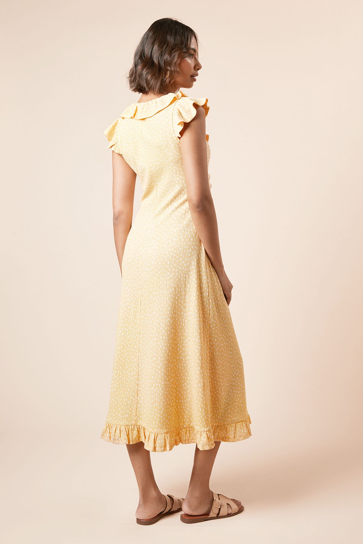 Dorothy Perkins Yellow Spot Frill Neck Ruched Front Jersey Midi Dress Yellow image 4