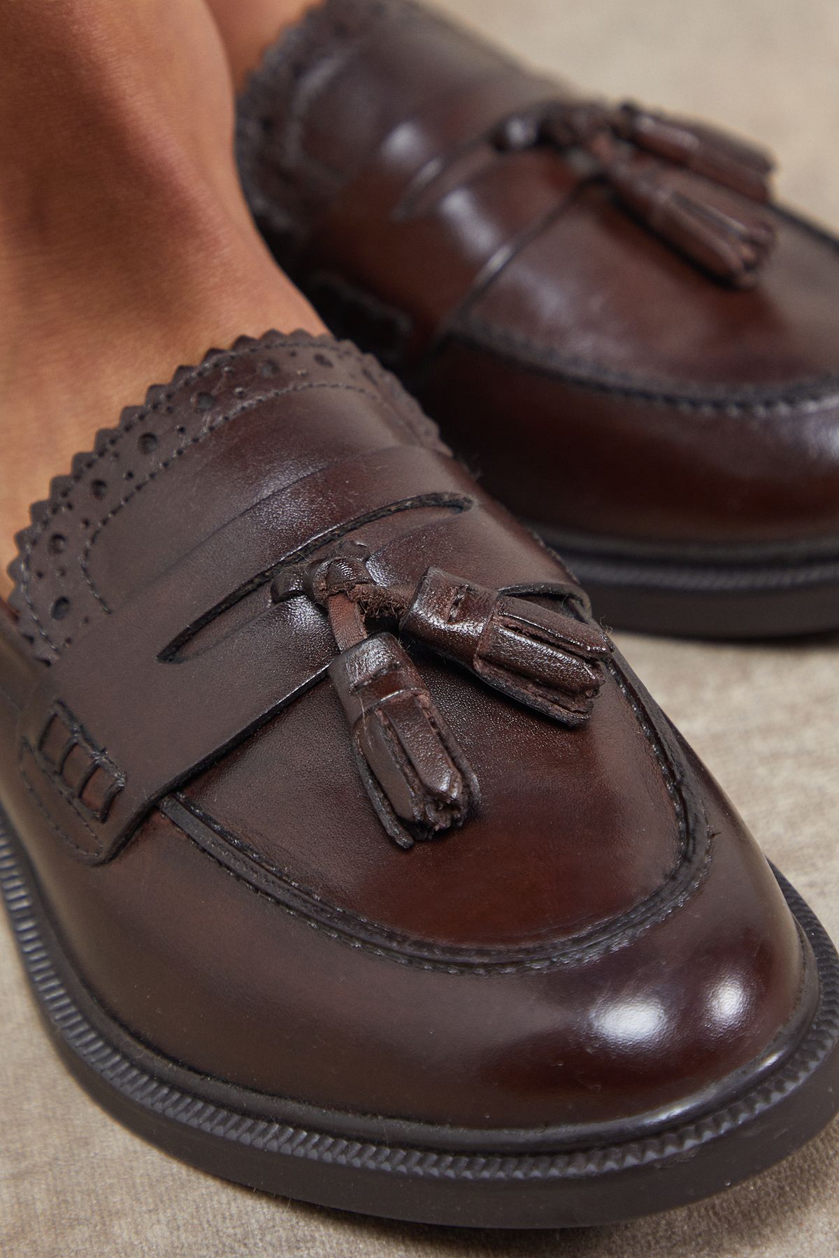 Oasis Bunny Real Leather Brogue Detail Tassel Loafers Brown image 4