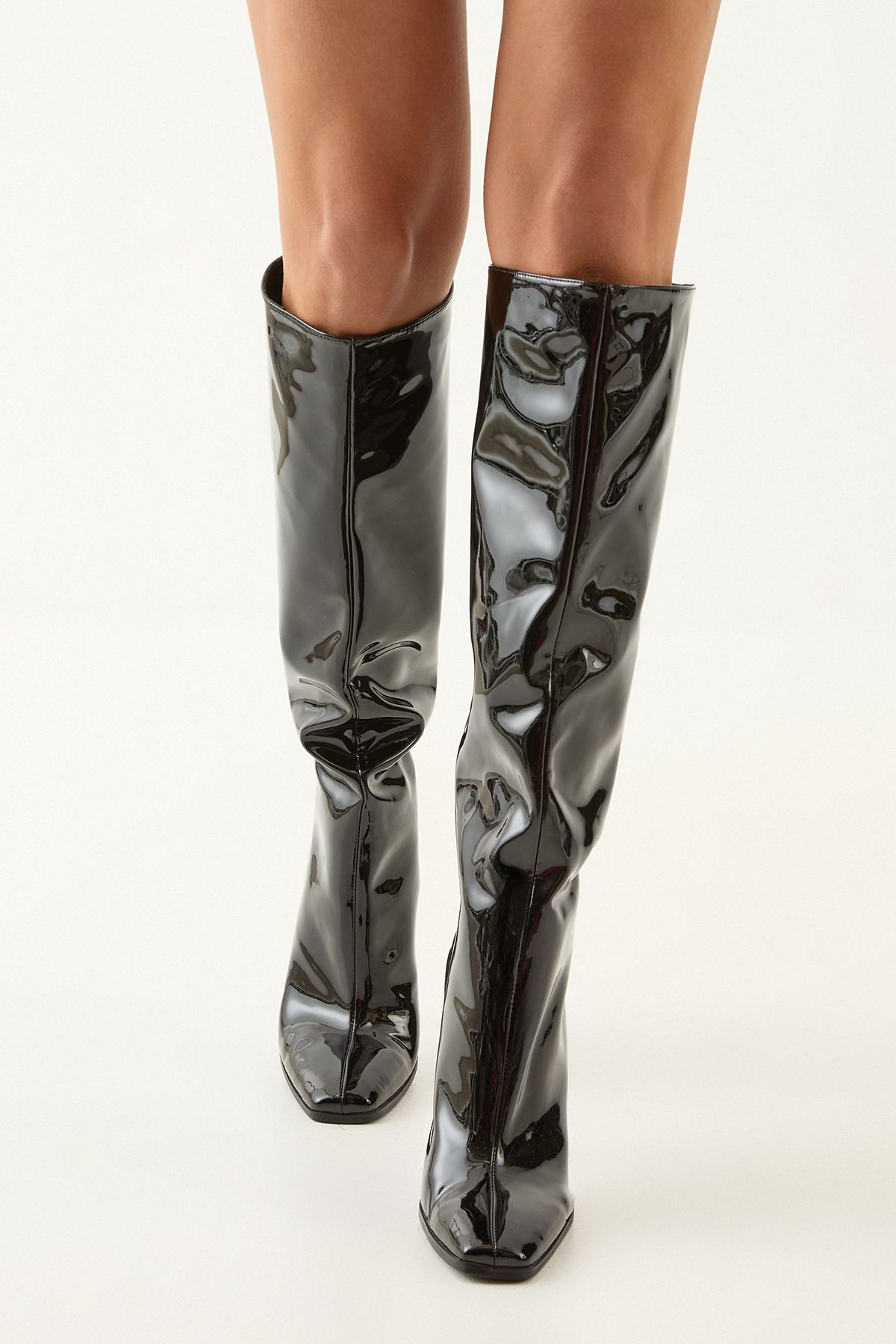 MissPap Faux Patent High Flared Stiletto Heel Knee Boots True Black image 2