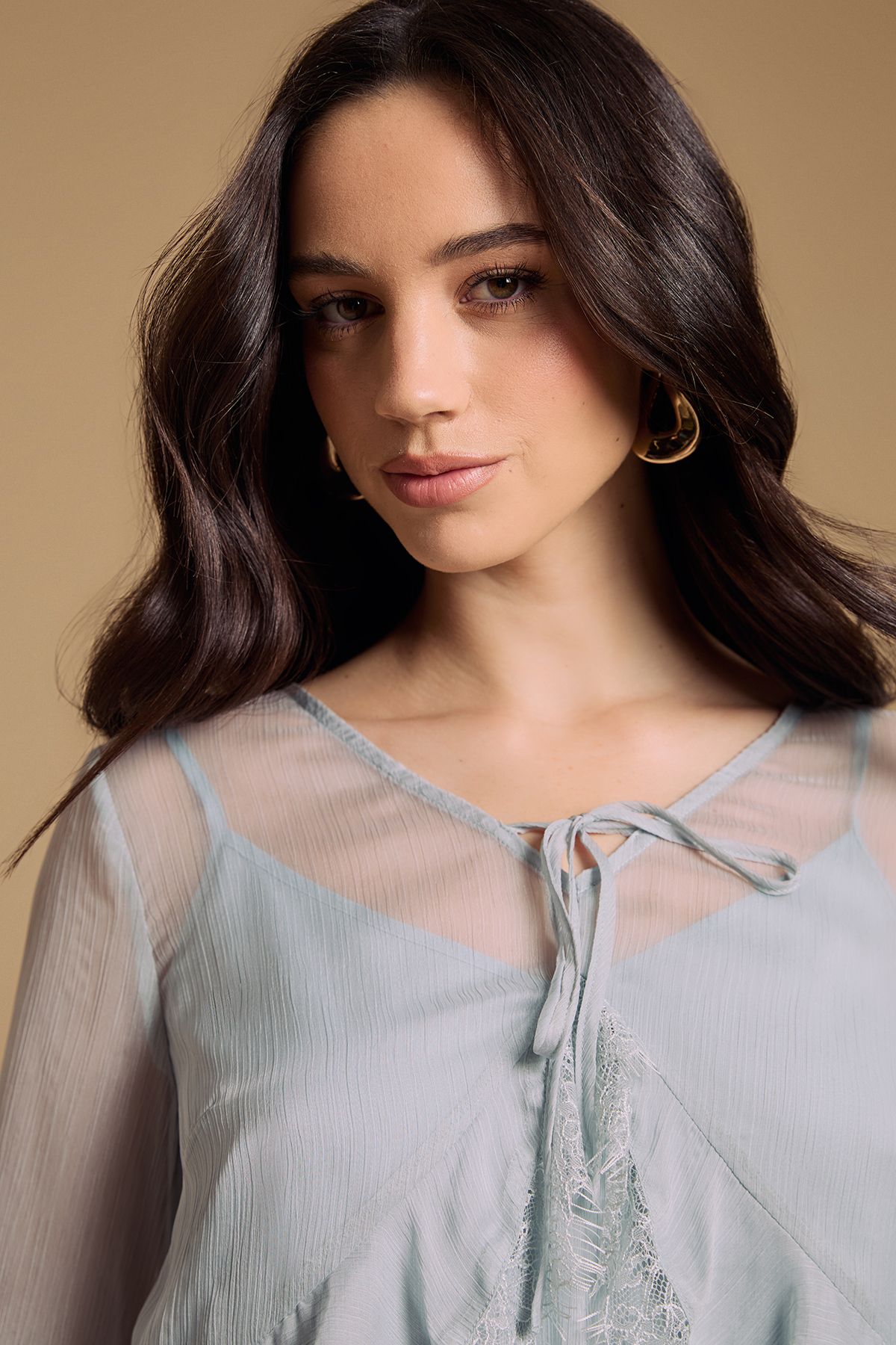 Oasis Fluted sleeve lace trim blouse Baby Blue image 2