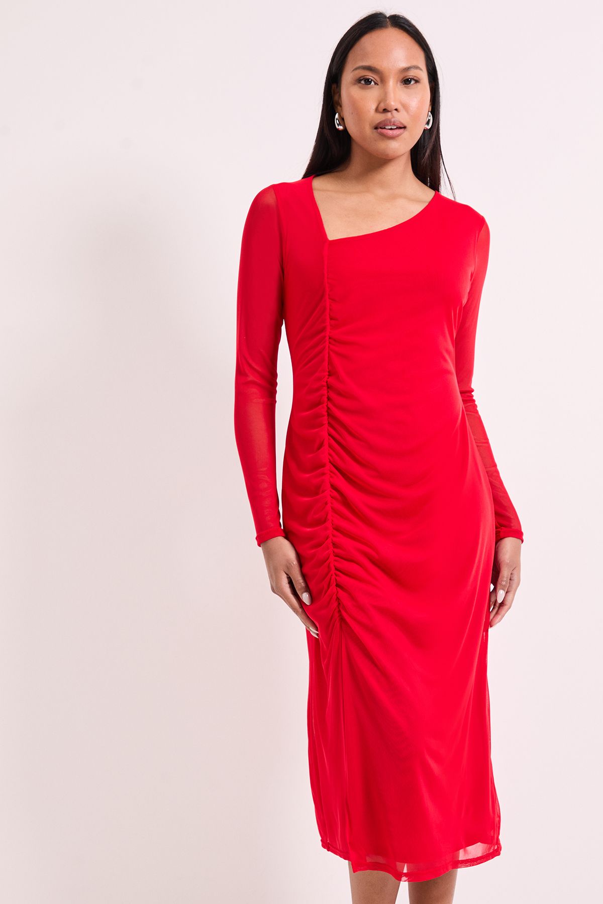 Principles Ruched Draw Cord Detail Mesh Midi Dress Crimson image 4
