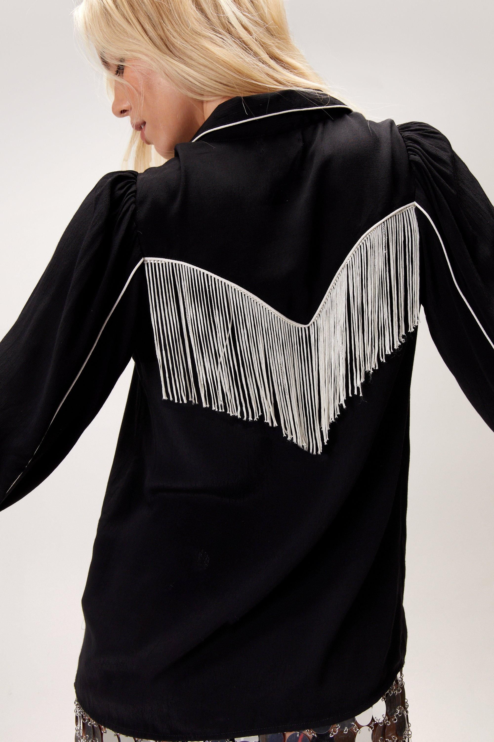 NastyGal Embroidered Fringe Western Shirt Black image 4