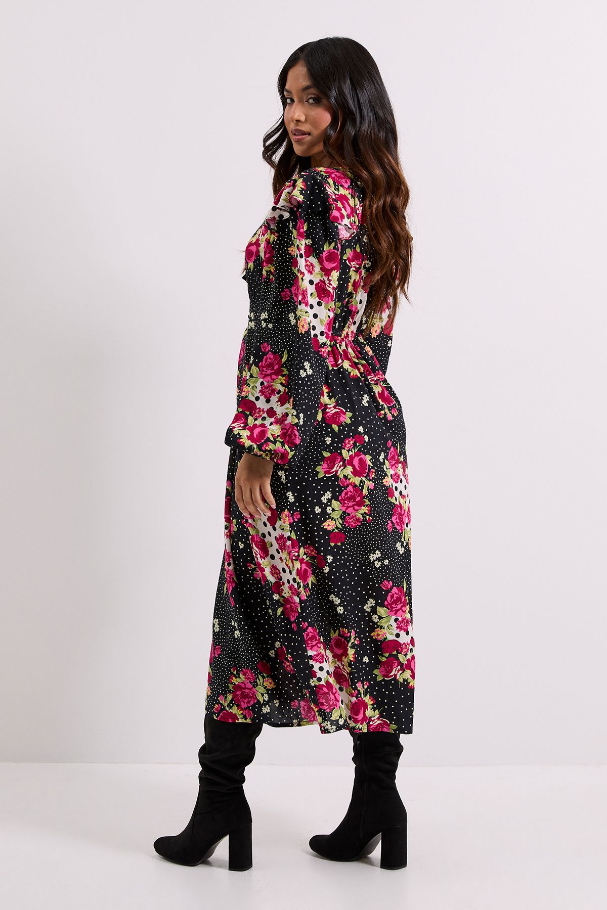 Dorothy Perkins Petite Patchwork Floral Contrast Bow Detail Frill Printed Midaxi Dress Floral image 3