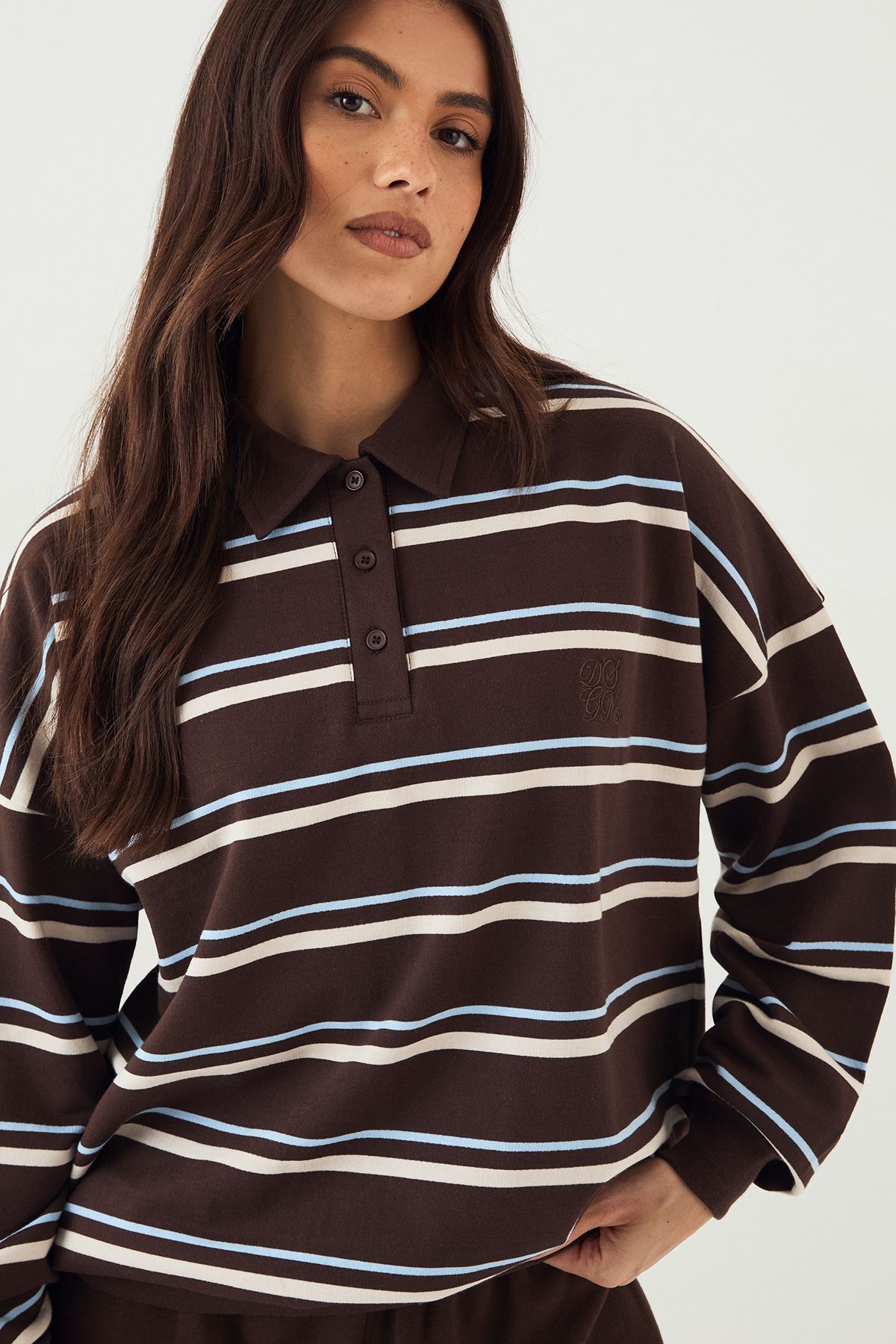DSGN Studio DSGN Studio Stripe Collared Rugby Sweatshirt Dark Chocolate image 1