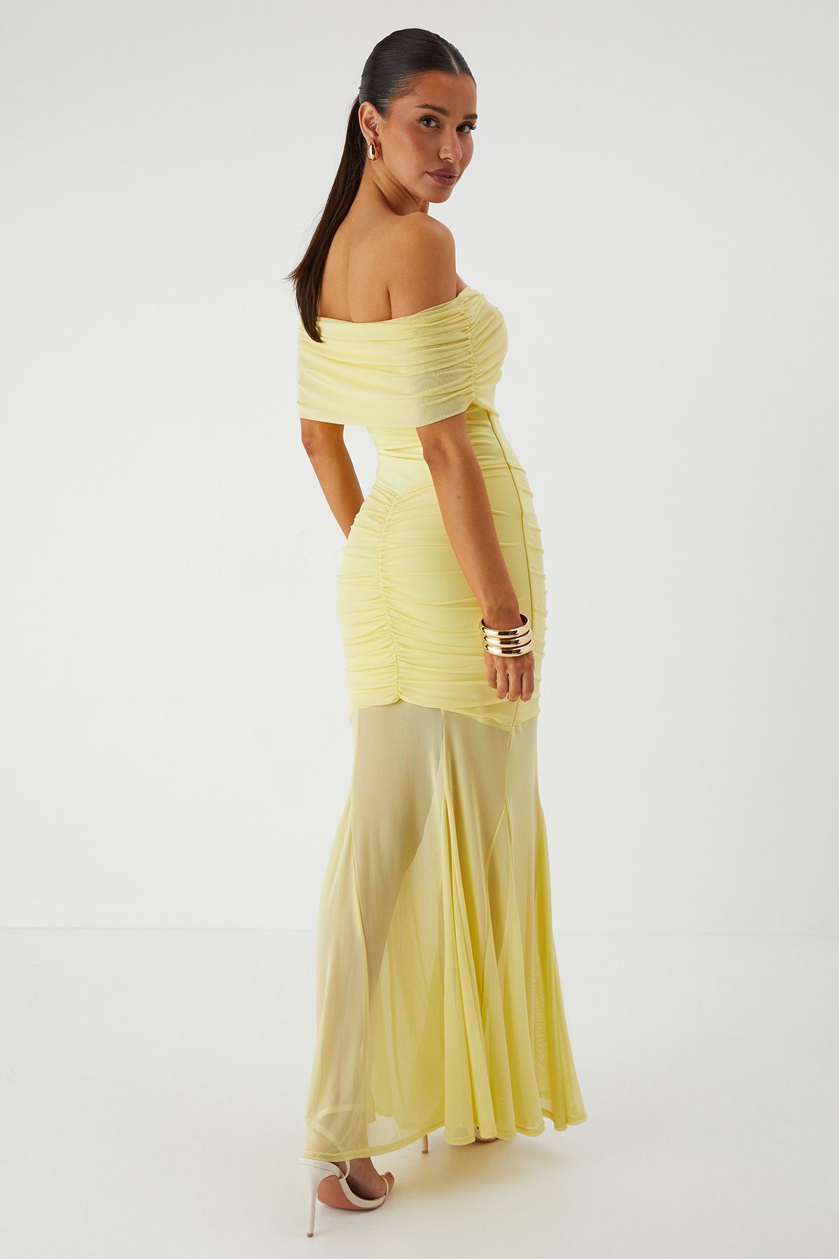 MissPap Off Shoulder Mesh Overlay Maxi Dress Yellow image 3