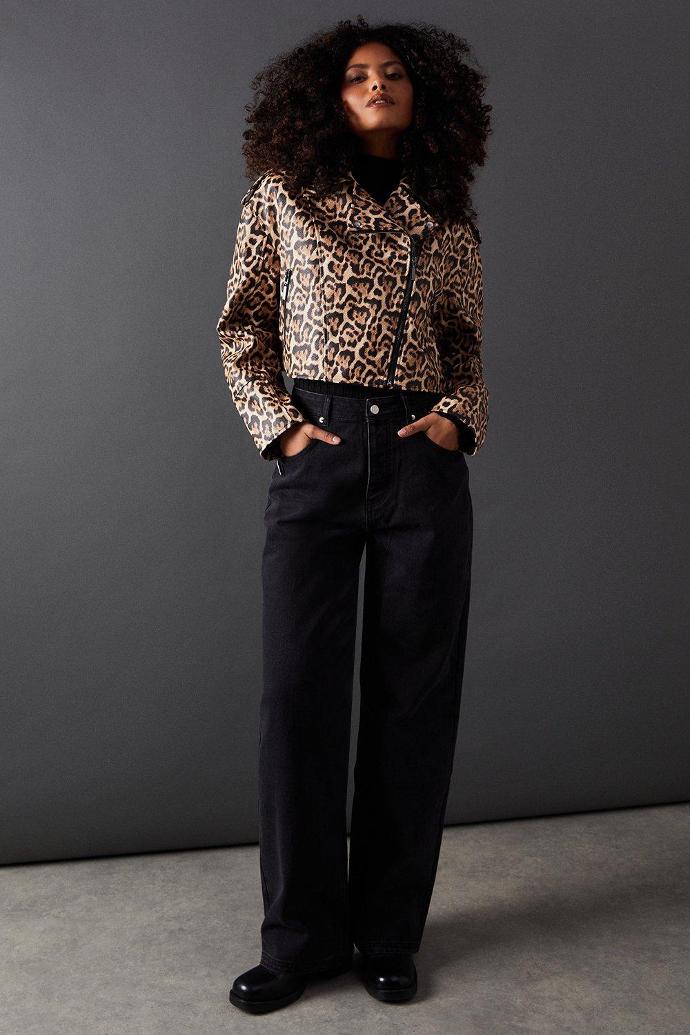 Warehouse Animal Oversized Biker Jacket Leopard image 2