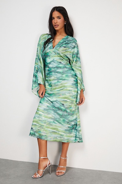 Warehouse Flare Sleeve Plunge Satin Midi Dress Green
