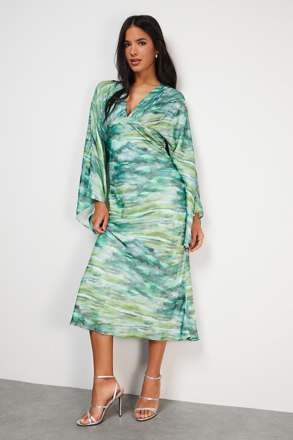 Warehouse Flare Sleeve Plunge Satin Midi Dress Green
