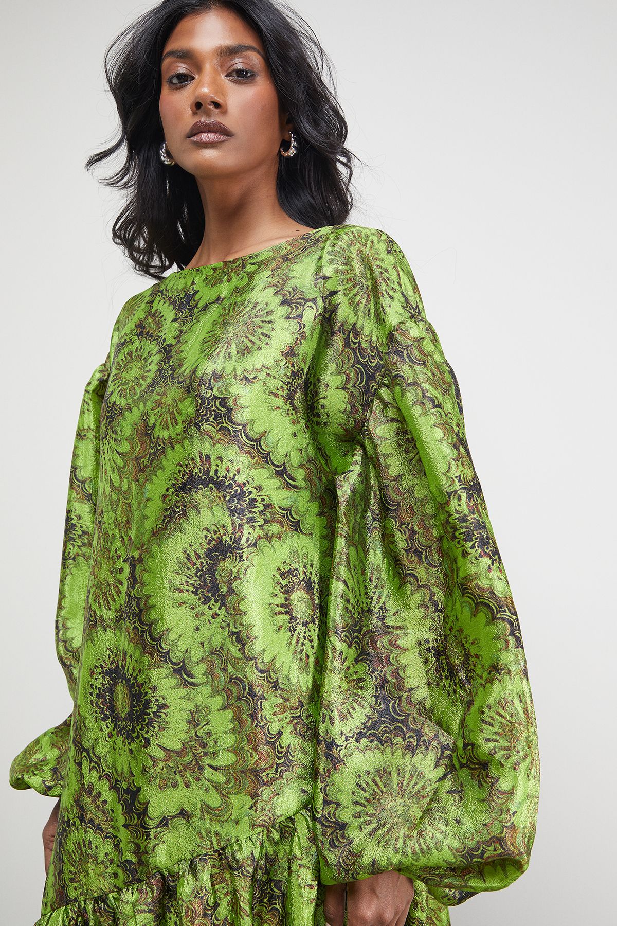 Warehouse Textured Organza Asymmetric Seam Volume Sleeve Midi Dress Floral image 2