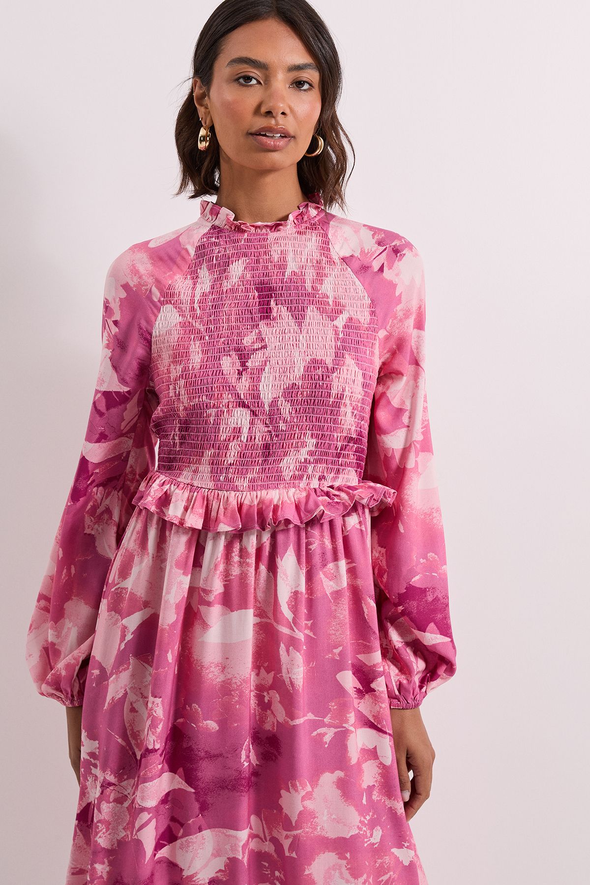 Dorothy Perkins Pink Floral Shirred Bodice Frill Detail Midi Dress Pink image 2