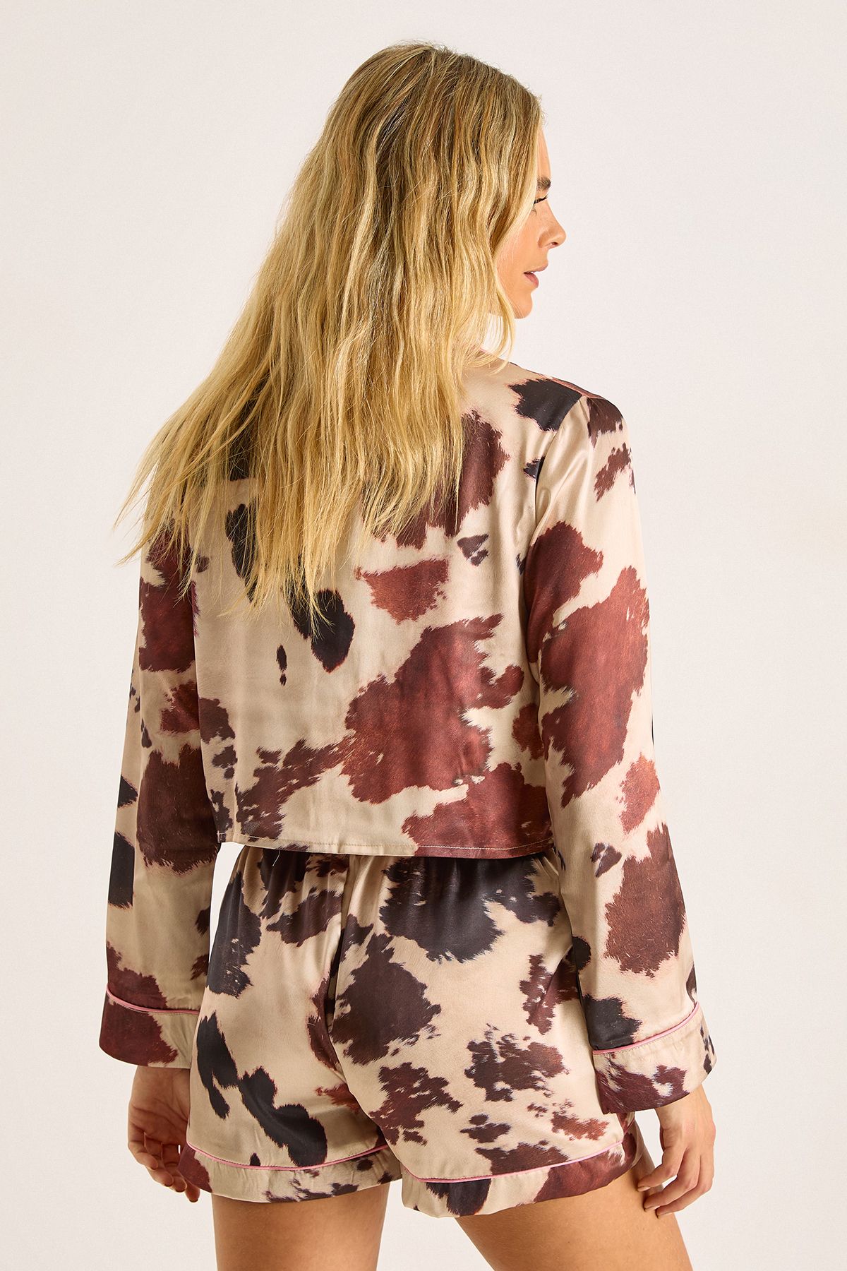 NastyGal Cow Satin Contrast Tie Front Pajama Shorts Set Chocolate image 4