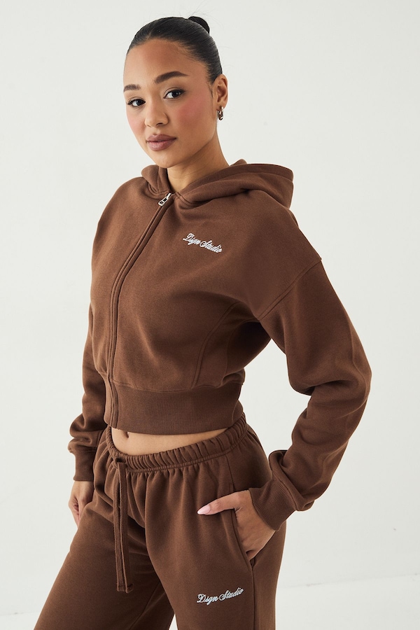 DSGN Studio DSGN Studio Script Embroidered Zip Through Hoodie Mocha