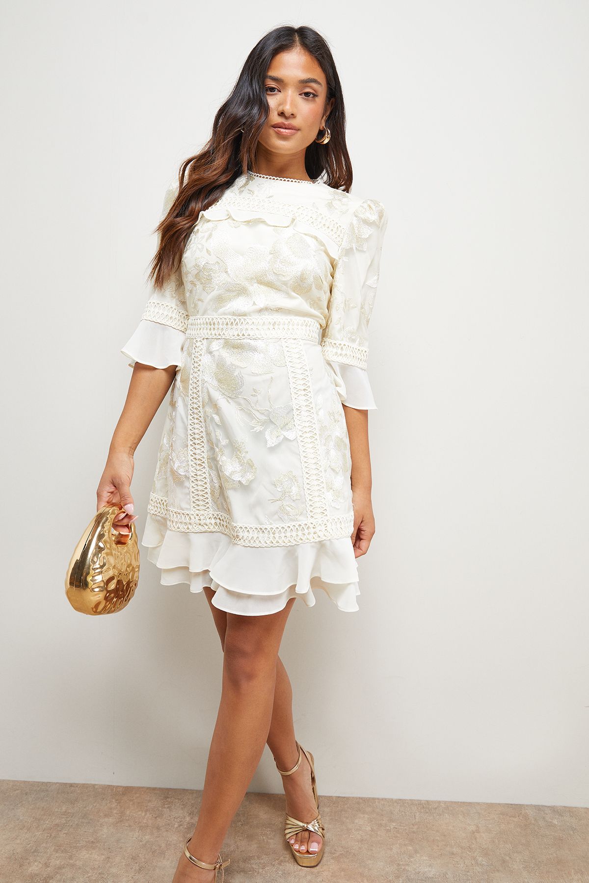 Oasis Petite Chiffon Ruffle Lace Panel Mini Dress Champagne image 2