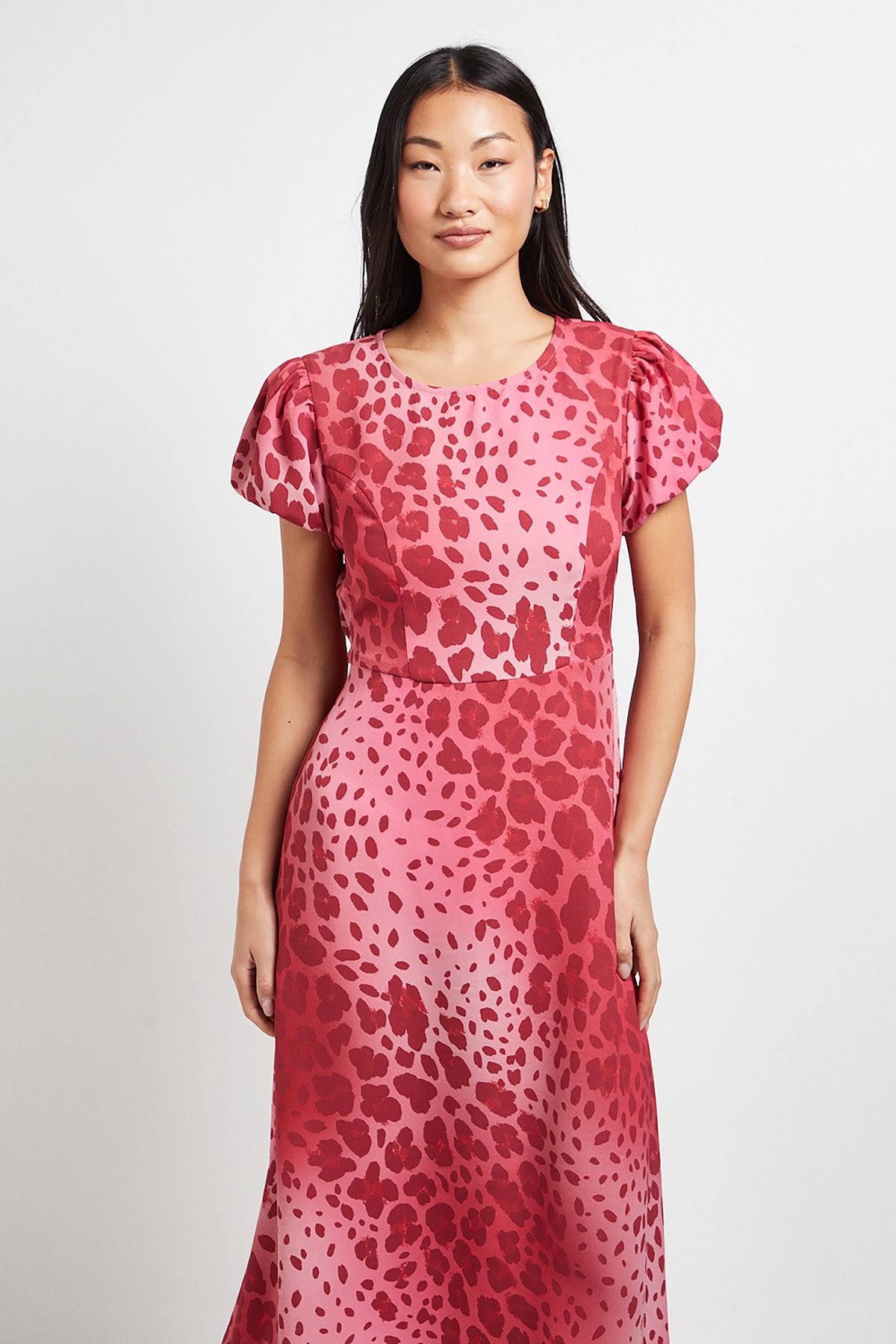 Dorothy Perkins Petite Pink Animal Tie Back Detail Puff Sleeve Midi Dress Pink image 2