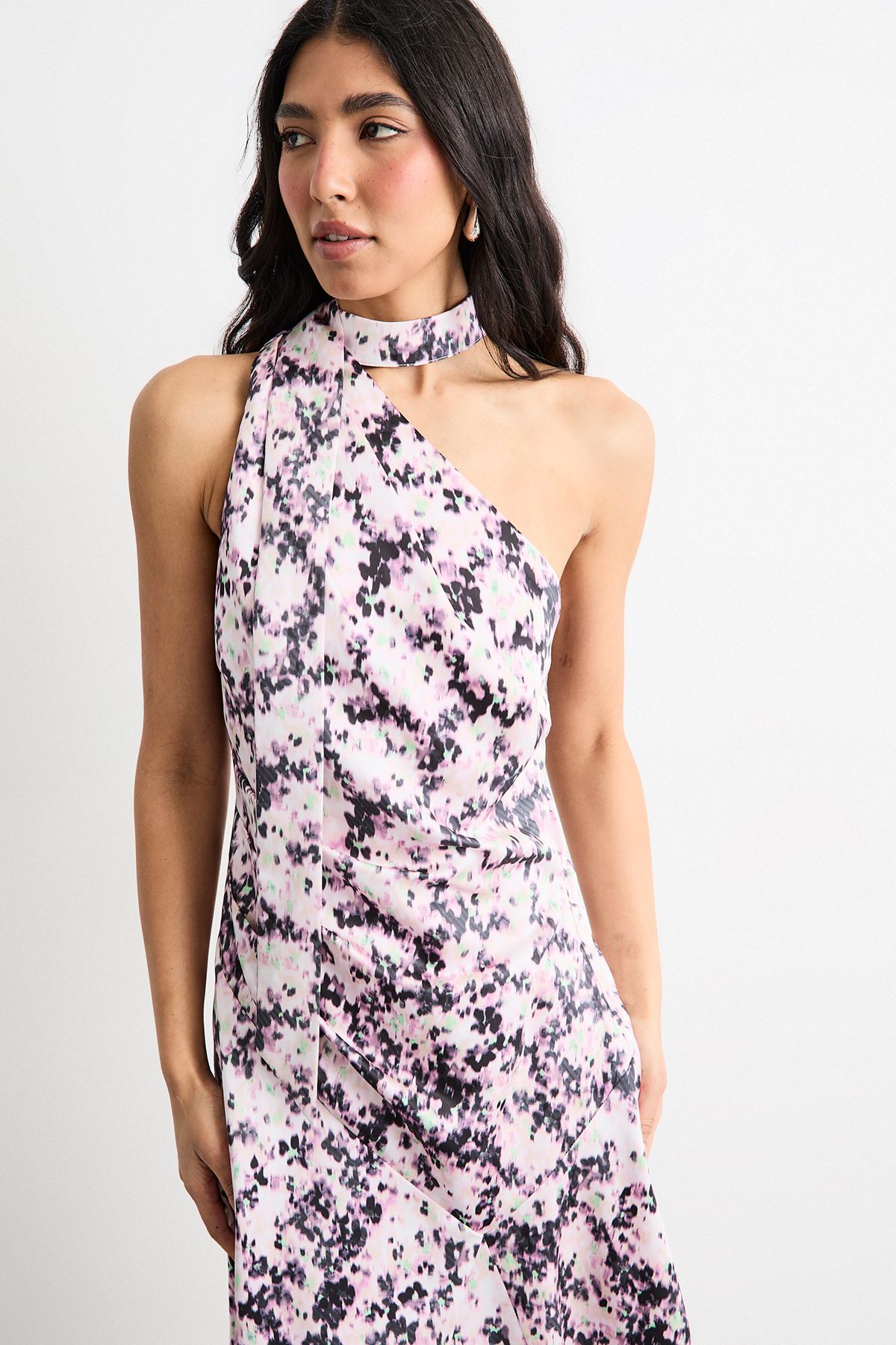 Warehouse Printed Scarf Tie Asymmetric Satin Maxi Dress Multi image 2