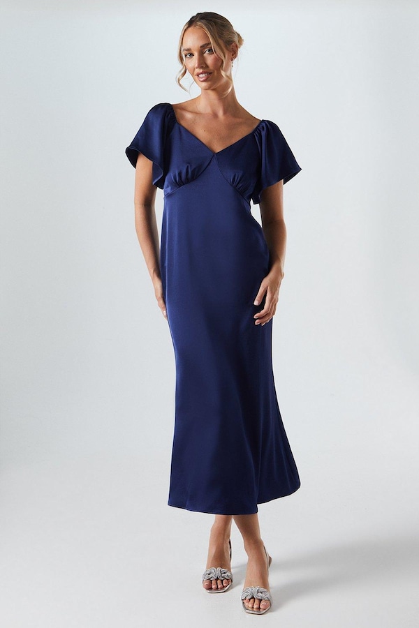 Oasis Angel Sleeve Satin Bridesmaids Midi Dress Navy