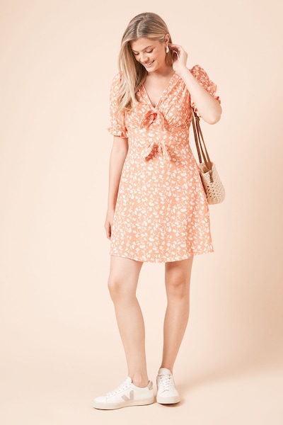 Dorothy Perkins Coral Ditsy Bow Front Puff Sleeve Mini Dress Coral