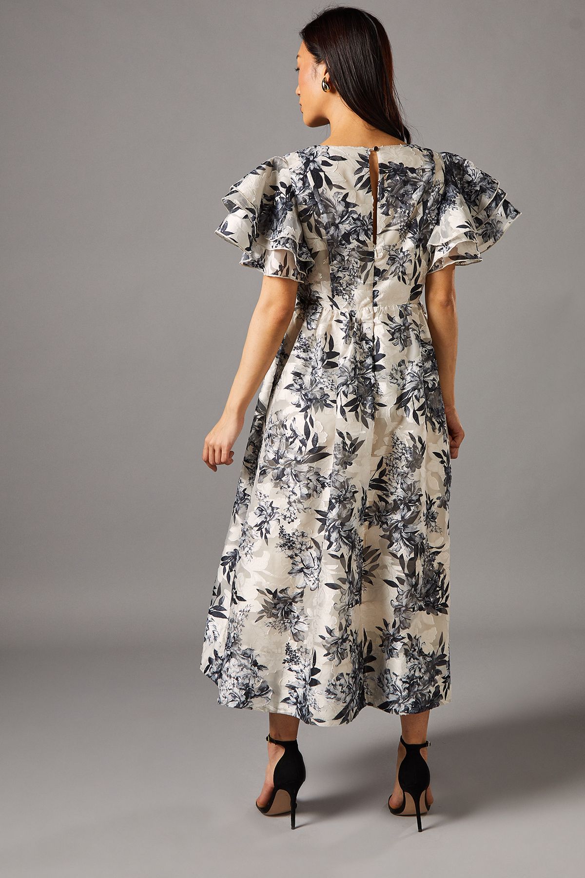 Coast V Neck Flutter Sleeve Jacquard Midi Dress Silver image 3