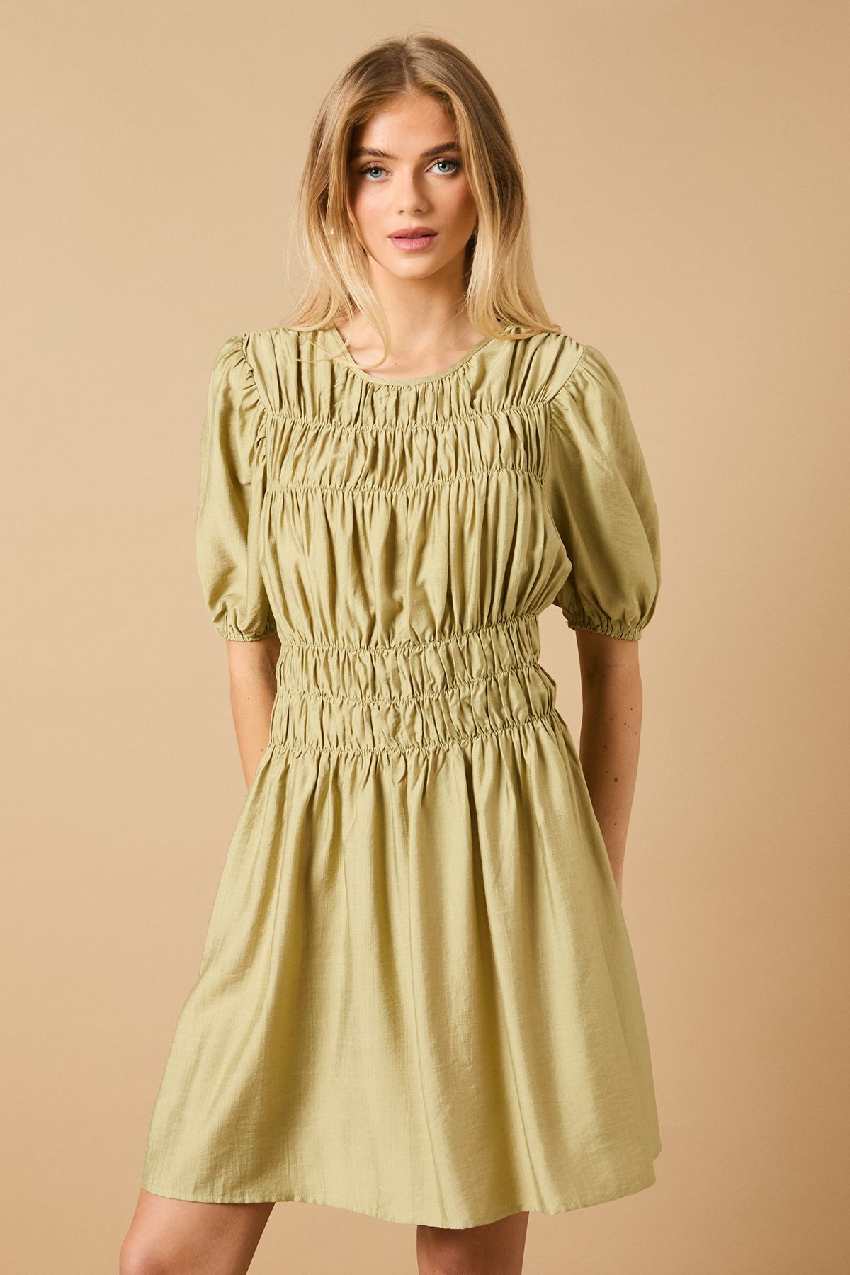 Oasis Shirred Bodice Puff Sleeve Mini Dress Khaki image 2
