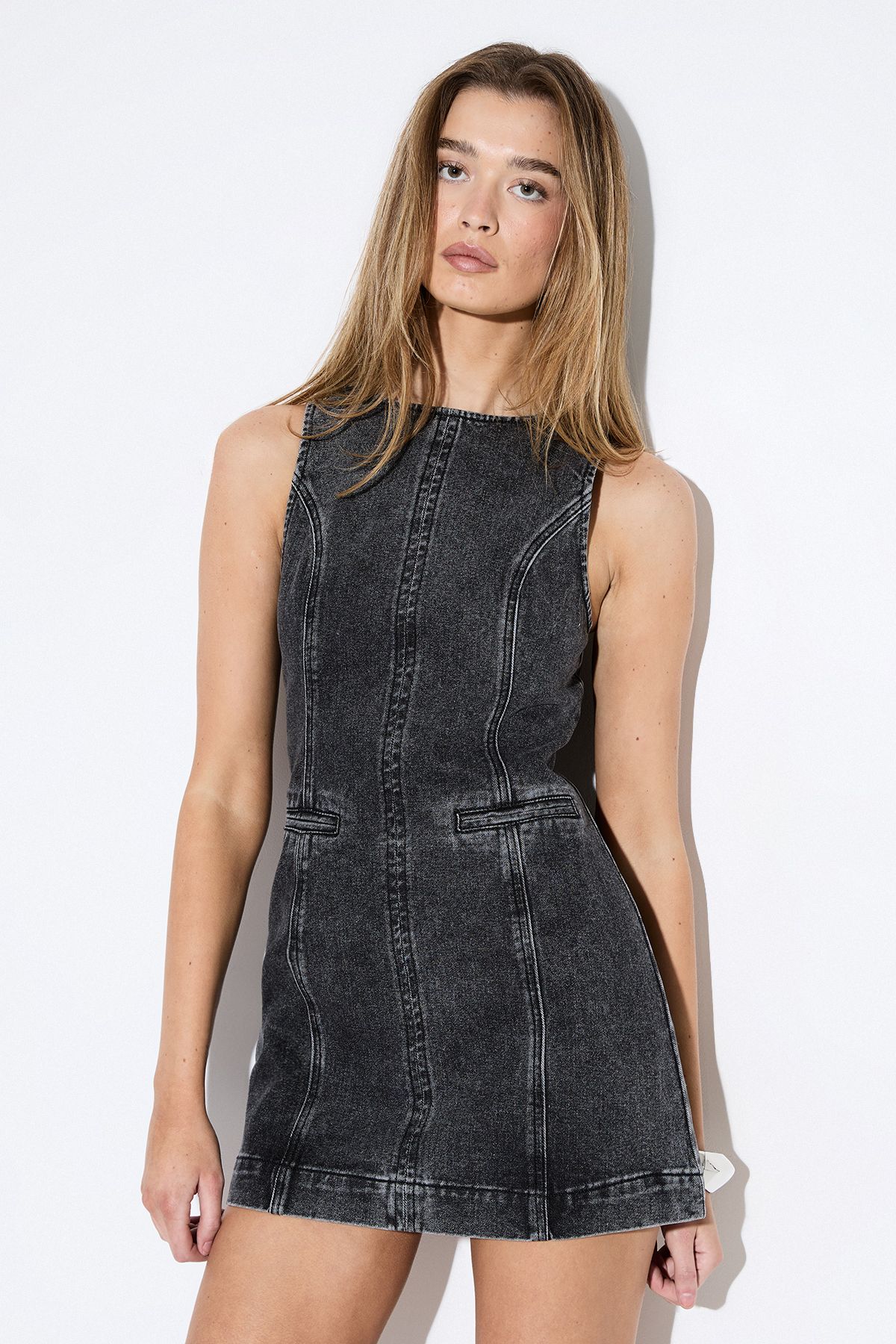 MissPap Denim Sleeveless High Neck Mini Dress Black image 1