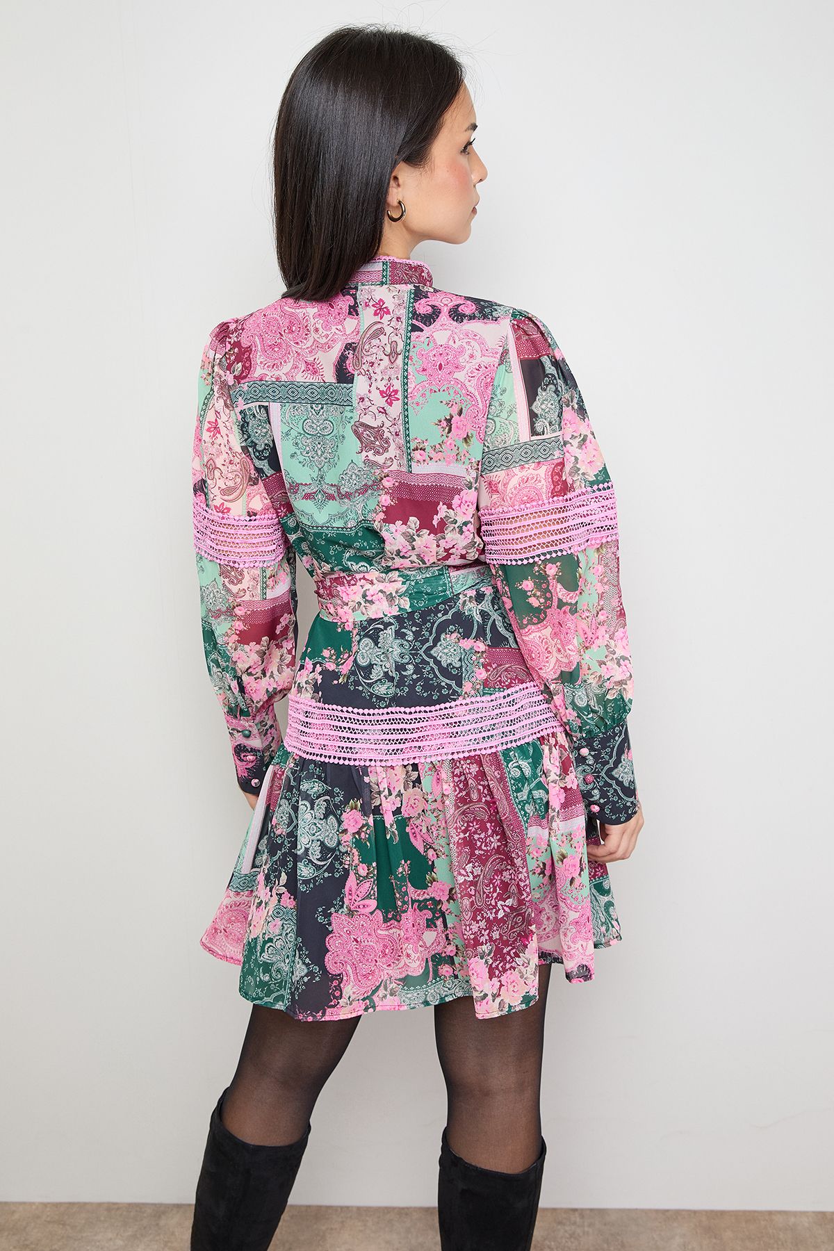 Oasis Petite Printed Lace Detail Button Down Collarless Mini Dress Multi image 3