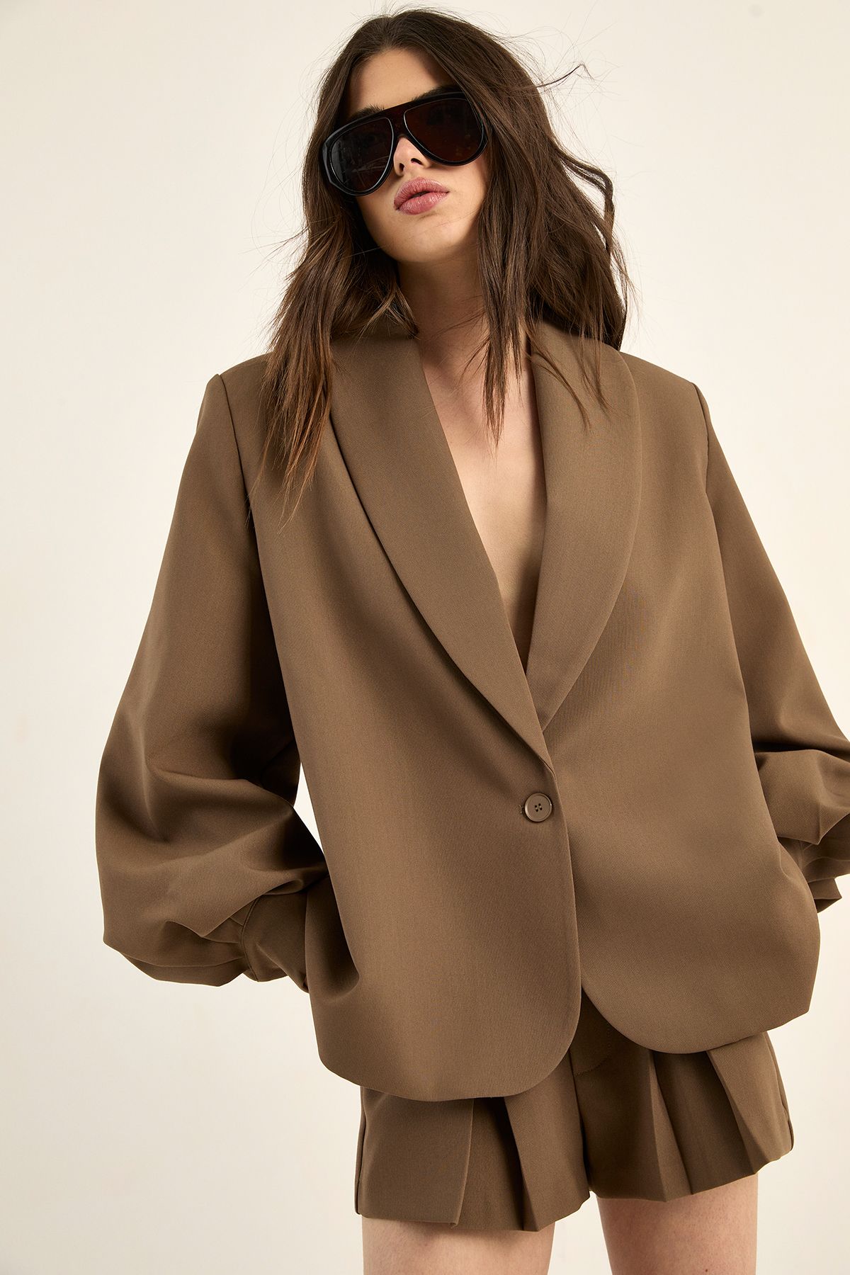 NastyGal Tailored Front Pleat Short Co-Ord Brown