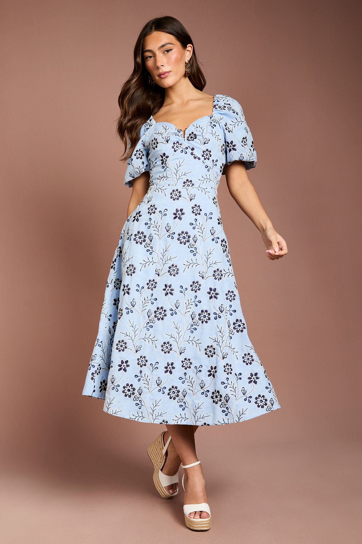 Coast Embroidered Cotton Puff Sleeve Midi Dress Blue