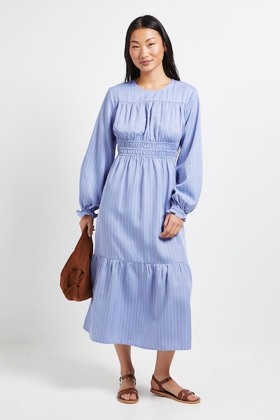 Dorothy Perkins Petite Shirred Bodice Tiered Stripe Midi Dress Blue