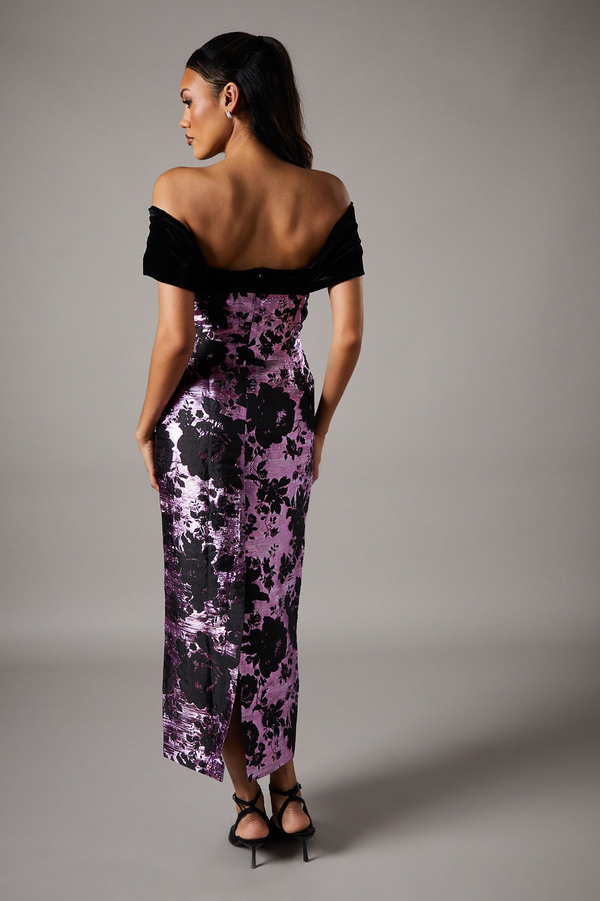 Coast Velvet Off Shoulder Jacquard Pencil Dress Pink image 3